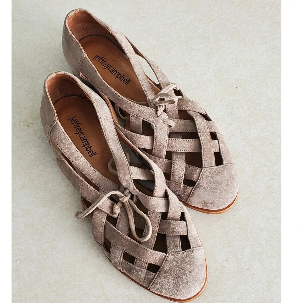 Jeffrey Campbell Canela Flats Taupe Suede Woven Huarache Sandals Size 6.5 Boho‎